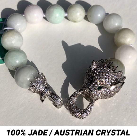 BURMESE JADE•CRYSTAL JAGUAR BEADED BRACELET - Picture 2 of 4